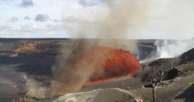 In this image released by the U.S. Geological Survey, the Kilauea volcano spews lava on Friday, Aug. 22, 2025, in Hawaii Volcanoes National Park, Hawaii. (M. Zoeller/U.S. Geological Survey via AP)