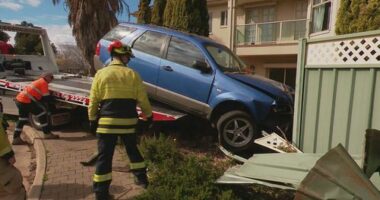 It's understood the driver may have been unconscious behind the wheel as the blue SUV was seen mounting a roundabout before disappearing through a park and towards houses.