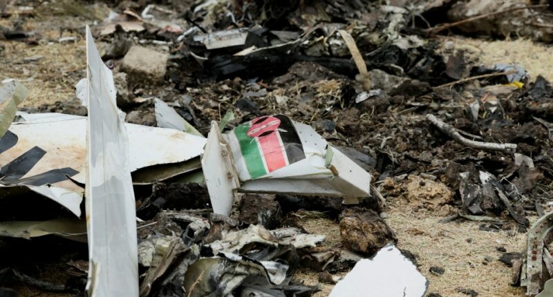 Debris from a plane crash on the ground.