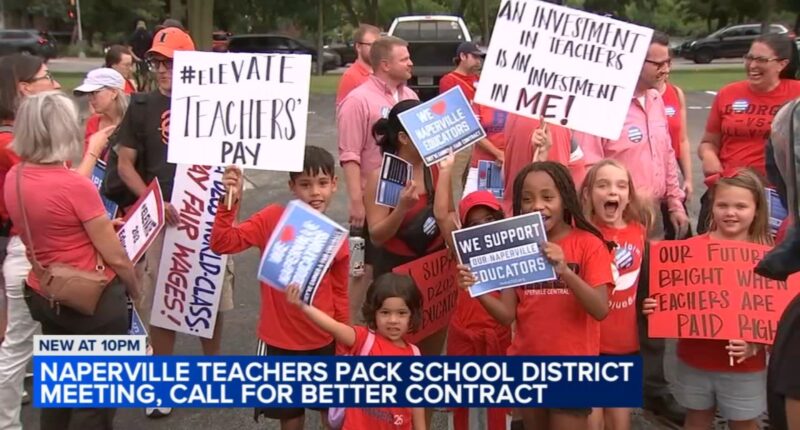 Rally held ahead of crowded Naperville 203 board meeting amid battle over contact, with Naperville teachers strike possible