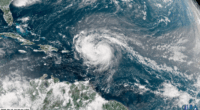 Hurricane Erin churns in the Atlantic Ocean.