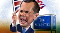 Joe Cummings illustration of Person in the News Robert Jenrick waving the Union Jack and shouting in front of The Bell Hotel