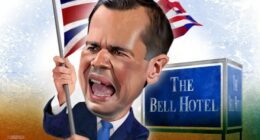 Joe Cummings illustration of Person in the News Robert Jenrick waving the Union Jack and shouting in front of The Bell Hotel