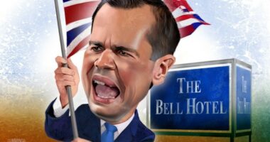 Joe Cummings illustration of Person in the News Robert Jenrick waving the Union Jack and shouting in front of The Bell Hotel
