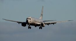 Boeing P-8A Poseidon aircraft on approach.