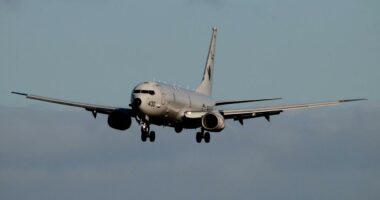 Boeing P-8A Poseidon aircraft on approach.