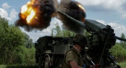 A 2S22 Bohdana self-propelled howitzer firing.