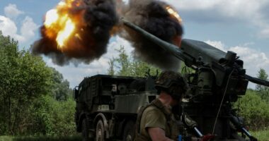 A 2S22 Bohdana self-propelled howitzer firing.