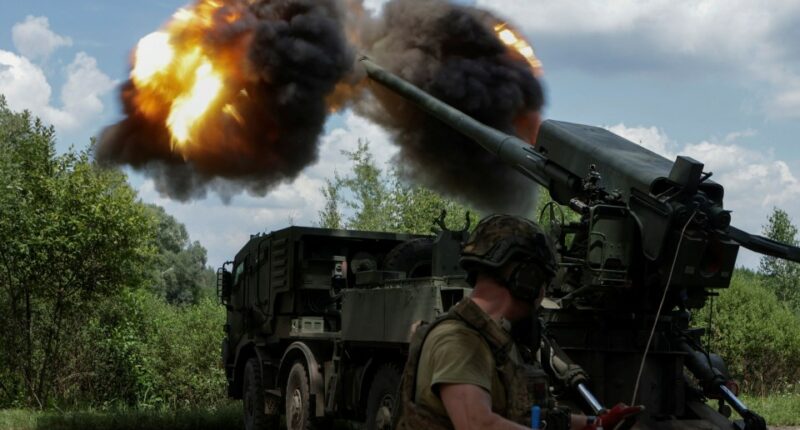 A 2S22 Bohdana self-propelled howitzer firing.
