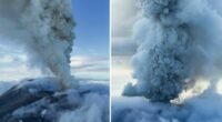 This photo taken from video by Artem Sheldr shows an aerial view of the eruption of the Krasheninnikov volcano.