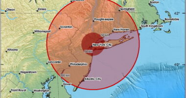 Map showing potential felt event radius around New York City.