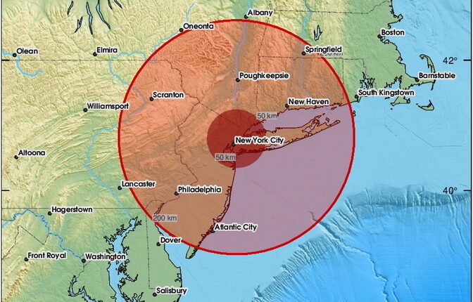 Map showing potential felt event radius around New York City.