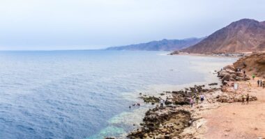 Tourists at the Blue Hole in Dahab, Egypt.
