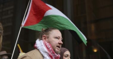 Josh Lees speaks to reporters outside the supreme court after winning the right to march across Sydney Harbour Bridge in support of Palestine tomorrow.