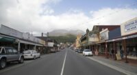 Queenstown, Tasmania: April 03, 2019: Orr Street is in the retail centre of Queenstown with hotels, shops and restaurants.