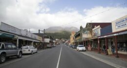 Queenstown, Tasmania: April 03, 2019: Orr Street is in the retail centre of Queenstown with hotels, shops and restaurants.