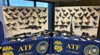 Weapons seized by ATF are displayed during press conference