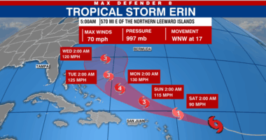 Tropical Storm Erin strengthens, expected to become hurricane today: NHC