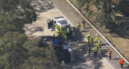 The driver was "severely injured and trappedï»¿" in a truck after the accident on the motorway at Calga.