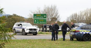 Police at a shooting scene in Porepunkah, Australia.