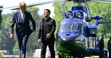 Volodymyr Zelensky and Friedrich Merz walking in a garden, with a helicopter in the background.