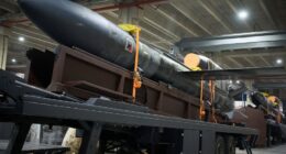 Ukrainian-made long-range drones on a flatbed trailer.