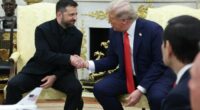 US President Donald Trump shakes hands with Ukrainian President Volodymyr Zelenskyy during a meeting in the Oval Office at the White House on August 18 2025 in Washington