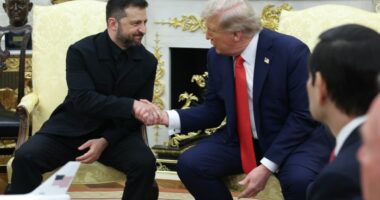 US President Donald Trump shakes hands with Ukrainian President Volodymyr Zelenskyy during a meeting in the Oval Office at the White House on August 18 2025 in Washington