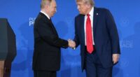 An image collage containing 1 images, Image 1 shows President Trump and President Putin shaking hands at a press conference