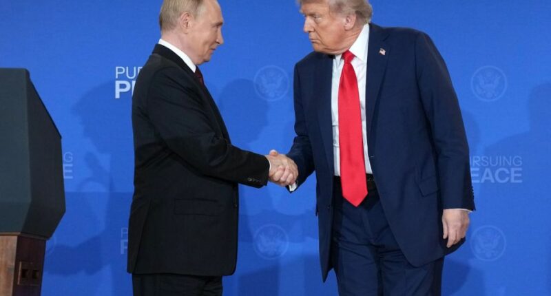An image collage containing 1 images, Image 1 shows President Trump and President Putin shaking hands at a press conference