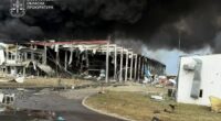 Damaged industrial facility in Mukachevo, Ukraine, after a Russian missile strike.