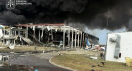 Damaged industrial facility in Mukachevo, Ukraine, after a Russian missile strike.