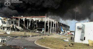 Damaged industrial facility in Mukachevo, Ukraine, after a Russian missile strike.