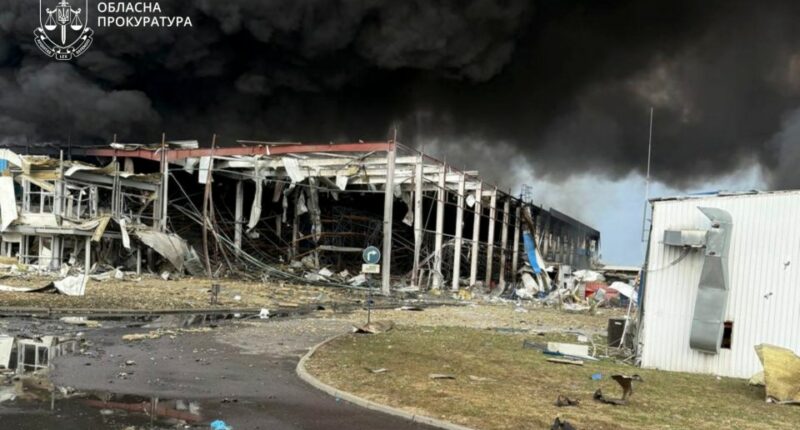 Damaged industrial facility in Mukachevo, Ukraine, after a Russian missile strike.