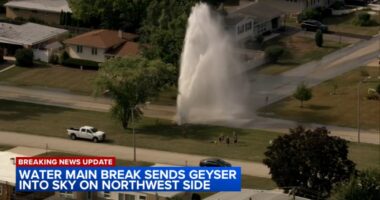 Water shoots high into air after contractor hits main near Bryn Mawr Avenue, Courtland Avenue on Chicago's NW Side