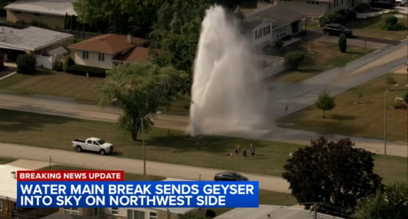 Water shoots high into air after contractor hits main near Bryn Mawr Avenue, Courtland Avenue on Chicago's NW Side
