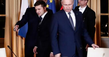 Zelensky and Putin at a meeting in Paris.