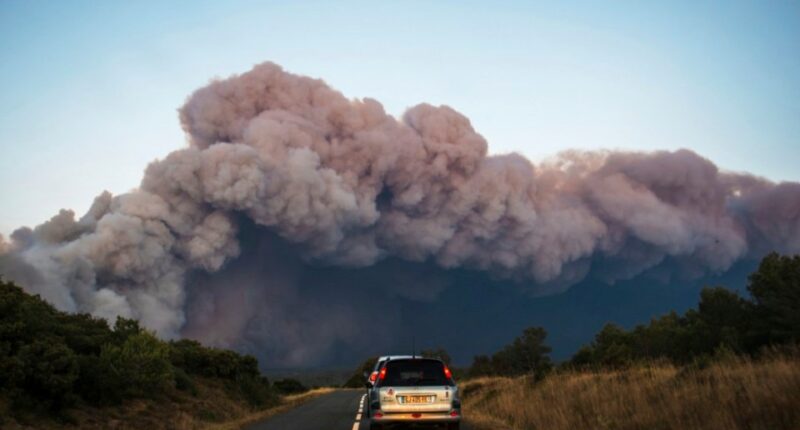 Cars drive past a fast-moving wildfire in a Mediterranean region of France near the Spanish border is pictured Tuesday Aug.5, 2025. (Richard Capoulade/UGC via AP)