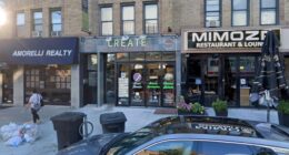 Street-level view of Create Fresh Vibrant Foods, Amorelli Realty, and Mimosa Restaurant & Lounge in Astoria, NYC.