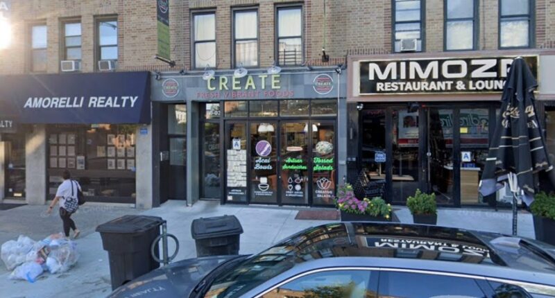 Street-level view of Create Fresh Vibrant Foods, Amorelli Realty, and Mimosa Restaurant & Lounge in Astoria, NYC.