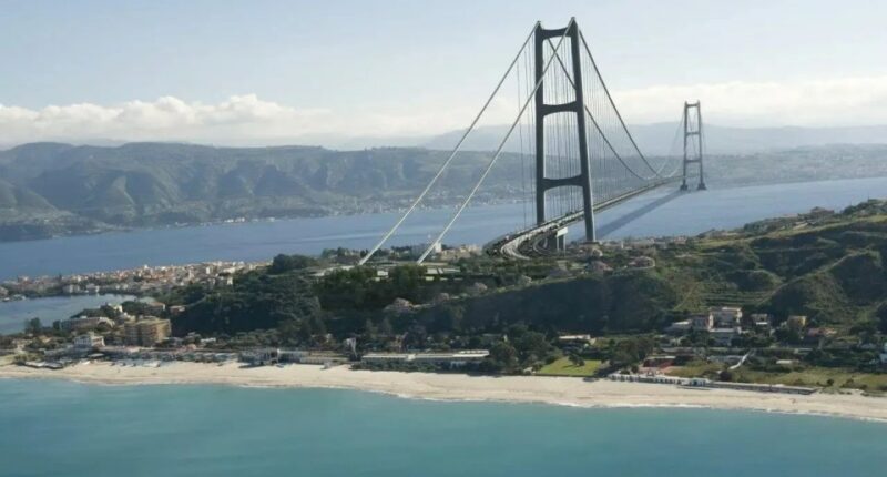 Aerial view of the Strait of Messina bridge.