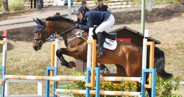 Zara Tindall competes at The Hartpury International Horse Trials as daughter Mia, 10, watches her in action