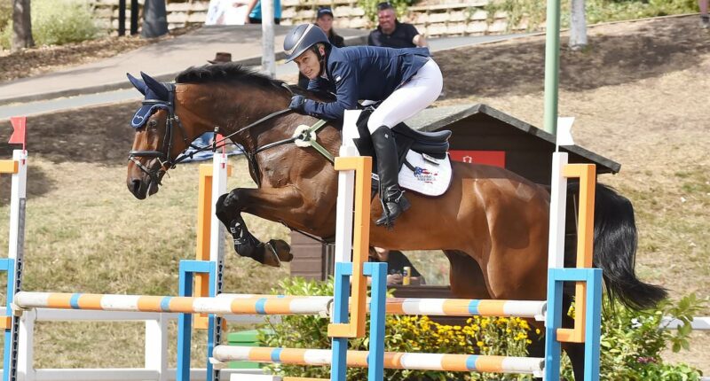 Zara Tindall competes at The Hartpury International Horse Trials as daughter Mia, 10, watches her in action