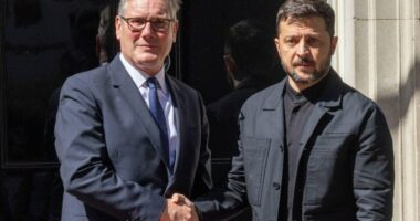 Volodymyr Zelensky and Keir Starmer shaking hands outside 10 Downing Street.