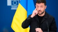 Ukraine’s President Volodymyr Zelenskyy speaks during a media conference at EU headquarters in Brussels, Belgium, on August 17, 2025