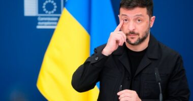 Ukraine’s President Volodymyr Zelenskyy speaks during a media conference at EU headquarters in Brussels, Belgium, on August 17, 2025