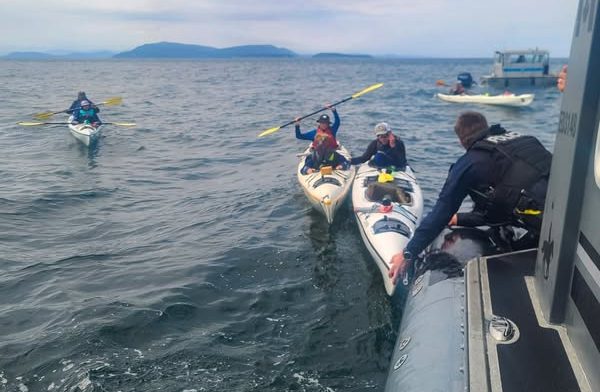 U.S. Coast Guard, Royal Canadian Mounted Police and Washington State Park personnel rescued 12 kayakers in distress between Patos Island and Sucia Island Wash., Aug. 14, 2025. (U.S. Coast Guard photo)
