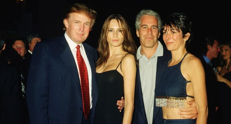 onald Trump and his girlfriend (and future wife), former model Melania Knauss, financier (and future convicted sex offender) Jeffrey Epstein, and British socialite Ghislaine Maxwell pose together at the Mar-a-Lago club