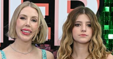 Pregnant Katherine Ryan shows off her growing bump in a dazzling turquoise dress as she attends the UK premiere of Freakier Friday with her daughter Violet, 16