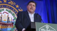Illinois Gov. JB Pritzker speaks during the McIntyre-Shaheen 100 Club Dinner, Sunday April 27, 2025, in Manchester, N.H. (AP Photo/Reba Saldanha)